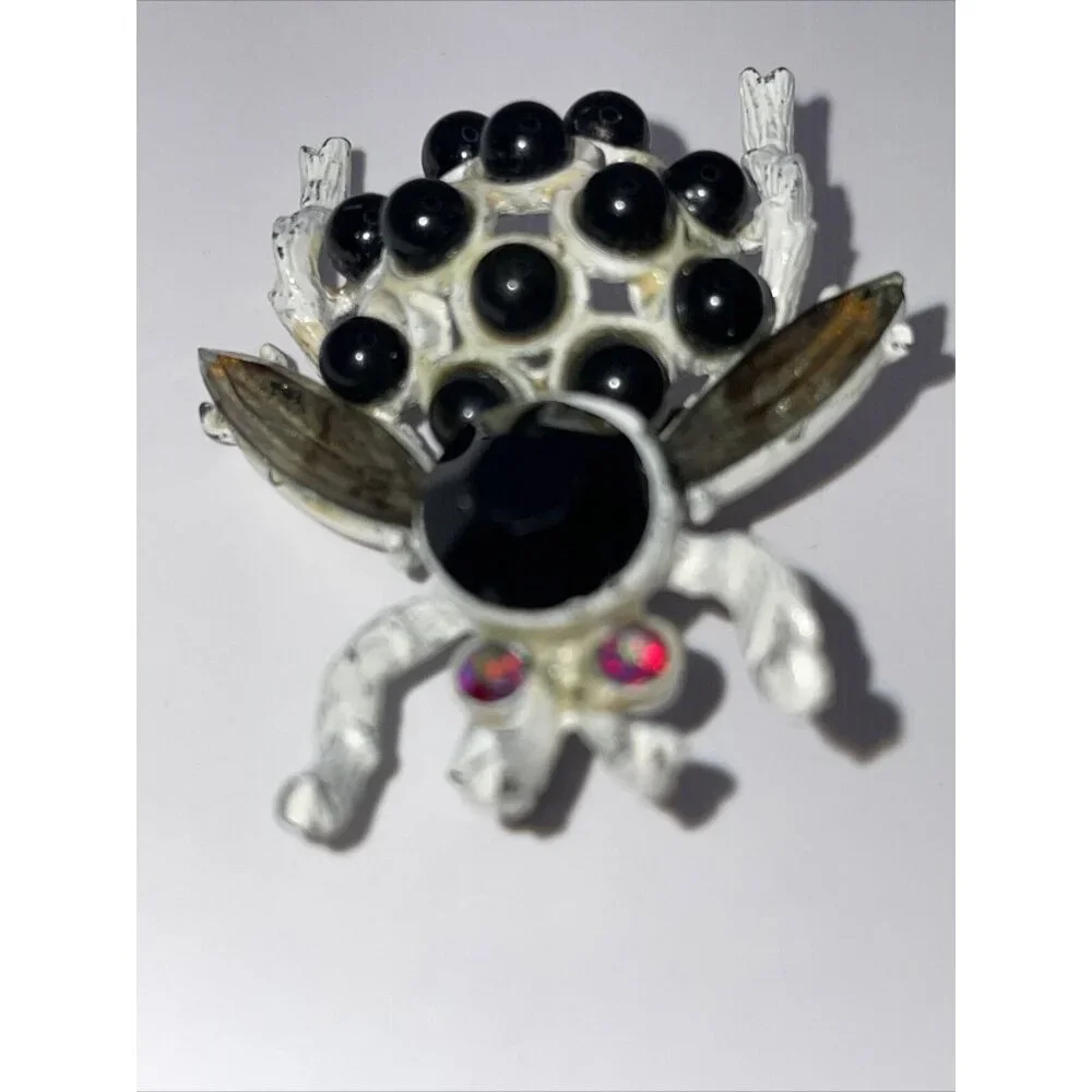 RARE! Bijou White Enamel Bug Bee Fly Rhinestone Brooch Pin Vintage‎ AL2.1